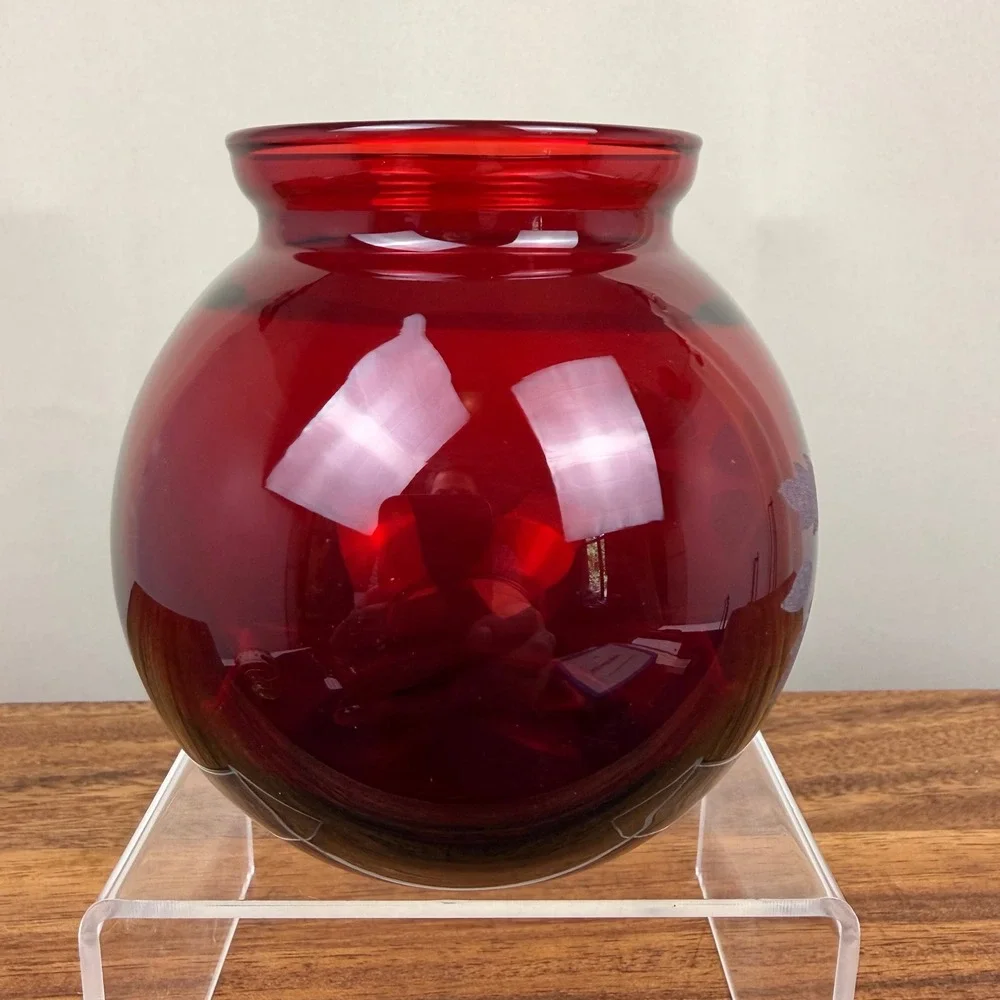 Anchor Hocking Ruby Red Glass Rose Bowl Etched Frosted Floral Vintage Vase 4.5in